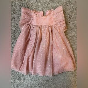 Blush pink baby girl dress with gold stars. Matching headband and bloomers